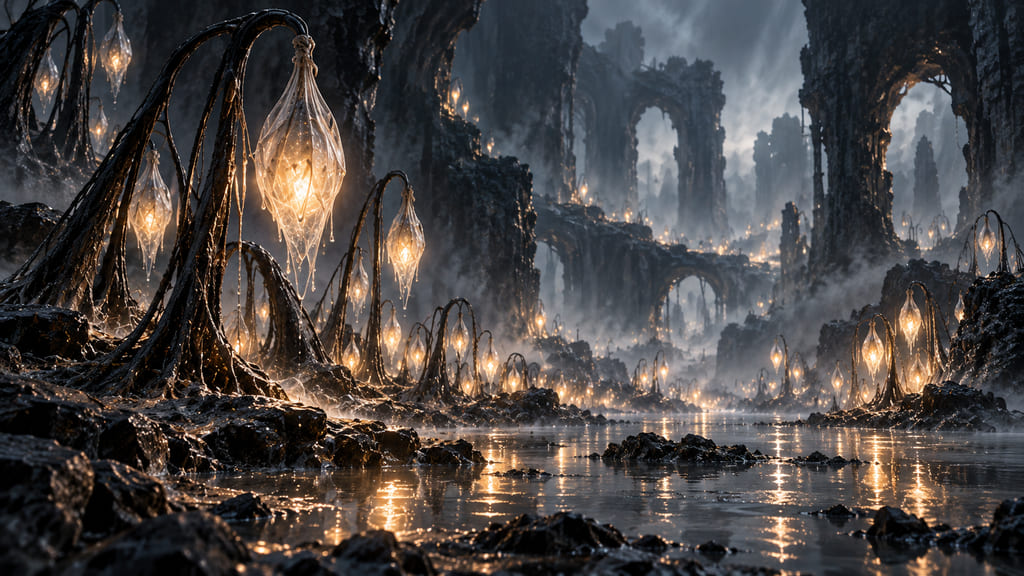 Des tiges sombres portent de fines poches lumineuses au-dessus de l’eau, parmi des arches rocheuses noyées de brume.