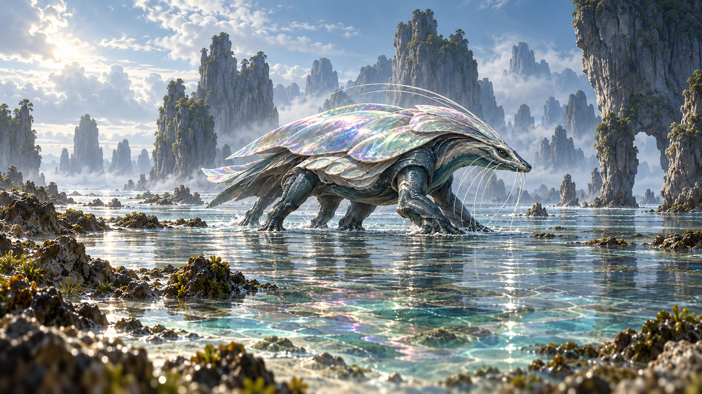 Une grande créature à plaques irisées traverse une eau peu profonde entre des pics rocheux couverts de végétation.