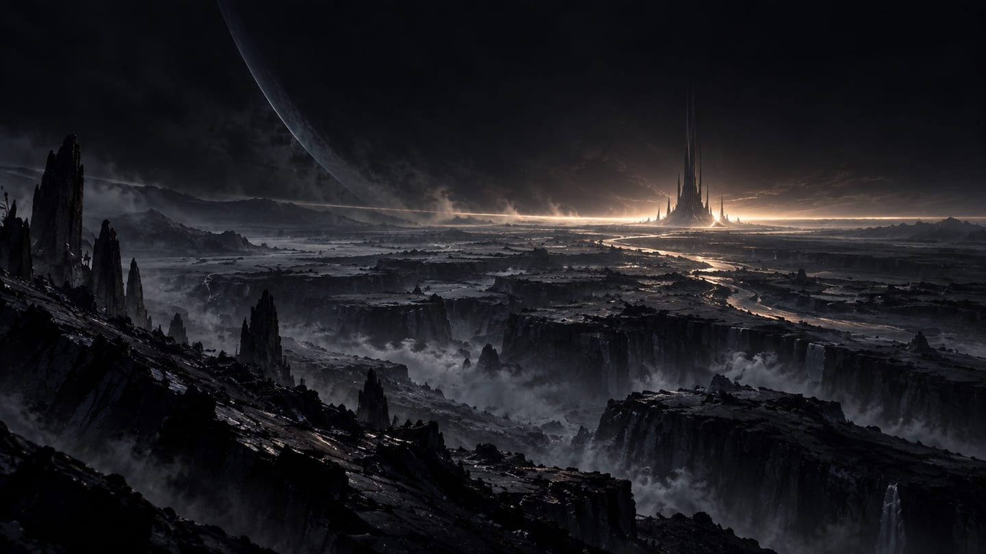 Un paysage de gouffres sombres rejoint une lueur à l’horizon, sous un astre immense et un ciel sans étoiles.