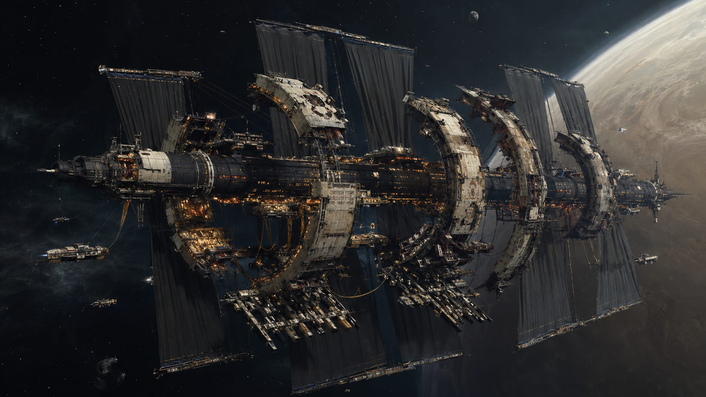 Concession station, a vast repaired ring structure lit by a handful of thermal sources.
