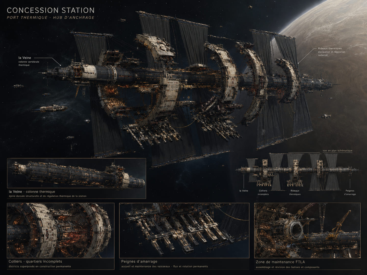Concession design sheet showing its silhouette, docking structures and technical zones.
