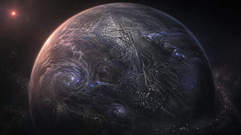 Vue orbitale de Thren, monde sombre parcouru de sutures continentales et d’anomalies lumineuses.